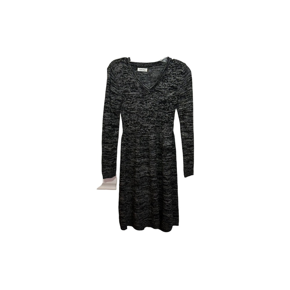 Calvin Klein Black White Sweater Dress Size XS Marled Long‎ Sleeve Fit Flare - Picture 6 of 6